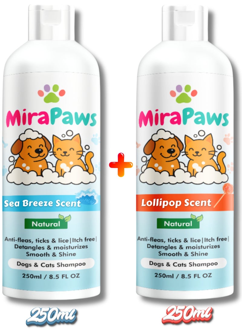 MiraPaws Pets Shampoo - Sea Breeze Scent 250ml + Lollipop Sent 250ml (Pack of 2) - Image 1